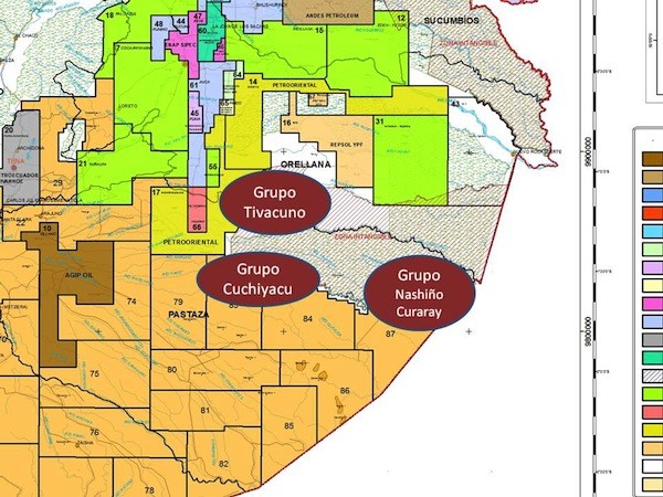 Mapa en el que se ve la ubicación de los clanes Tagaeri–Taromenane, según aquella conclusión del  Ministerio de Justicia. Ahora, esos grupos ocuparían territorios que se cruzan con los bloques 79, 83, 84 y 87.