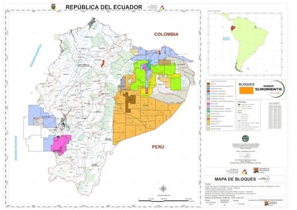 Mapa oficial de la ronda petrolera Sur Oriente. Se puede ver en naranja los bloques que serán concesionados. Los bloques 79, 83, 84 y 87 son los que limitan con el Parque Nacional Yasuní y la reserva intangible Tagaeri – Taromenane.