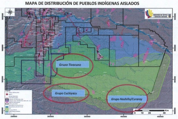 Mapa que está incluido en el informe del Ministerio de Justicia con la ubicación oficial de los clanes de pueblos en aislamiento tagaeri y taromenane. Esta información fue la base para permitir la explotación de los bloques ITT en 2013.