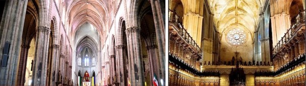 Interiores de la Basílica de Quito e Interiores de la Catedral de Sevilla, Marcelo Jaramillo Cisneros y Ton Olivart Dalmau, respectivamente.